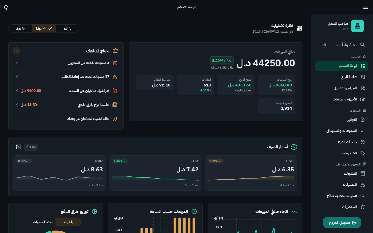 لوحة التحكم بالوضع الداكن